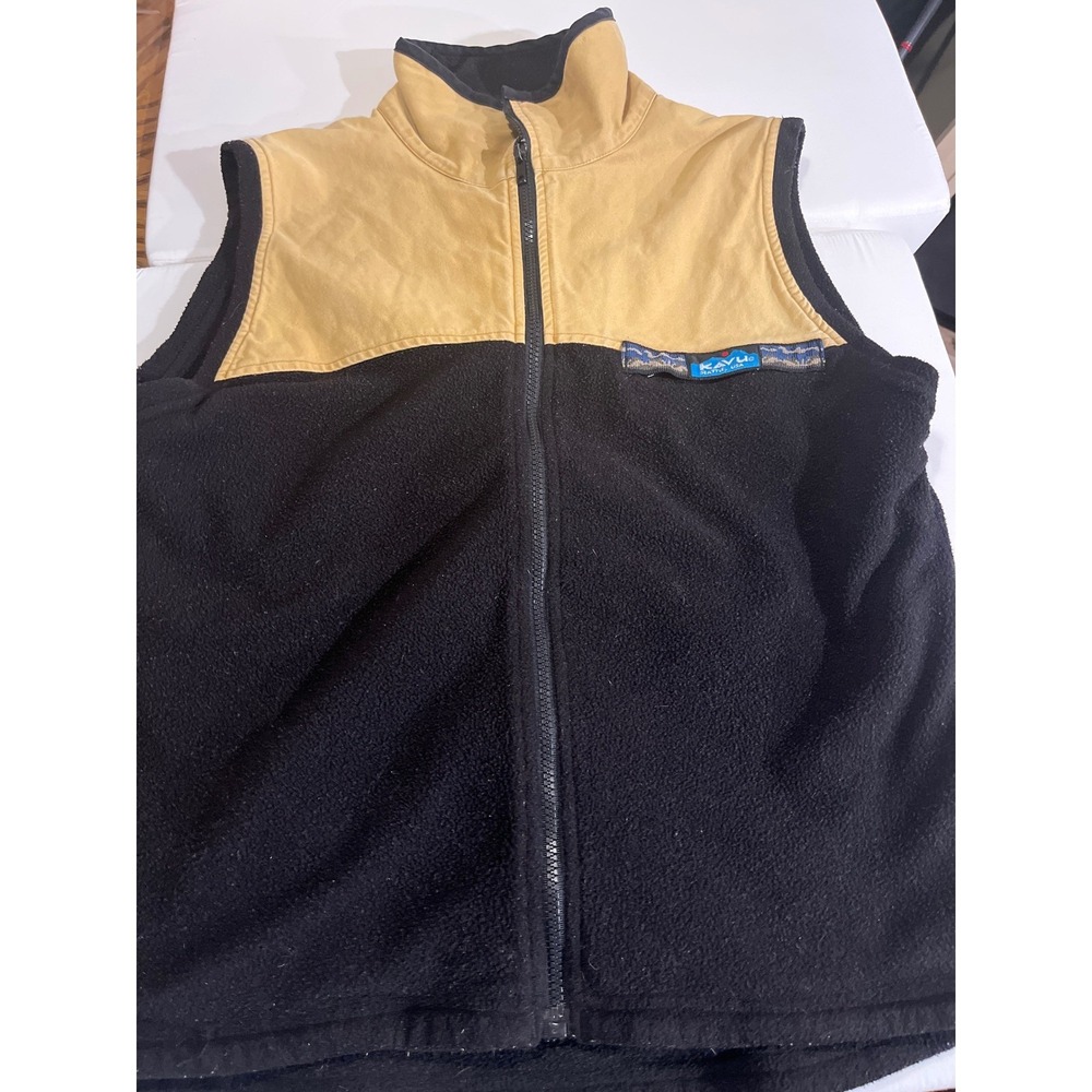 KAVU Fleece Vest Men's Small Black Tan Zip Up Outdoor Casual